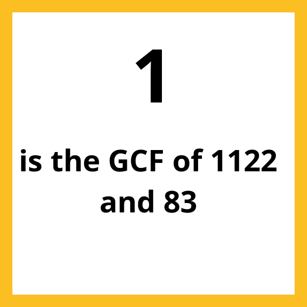 The Greatest Common Factor (GCF), Highest Common Factor (HCF) or Greatest Common Divisor (GCD) of 83 and 1122 is 1.