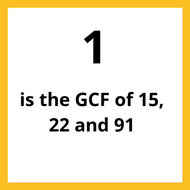 The Greatest Common Factor (GCF), Highest Common Factor (HCF) or Greatest Common Divisor (GCD) of 15, 22 and 91 is 1.