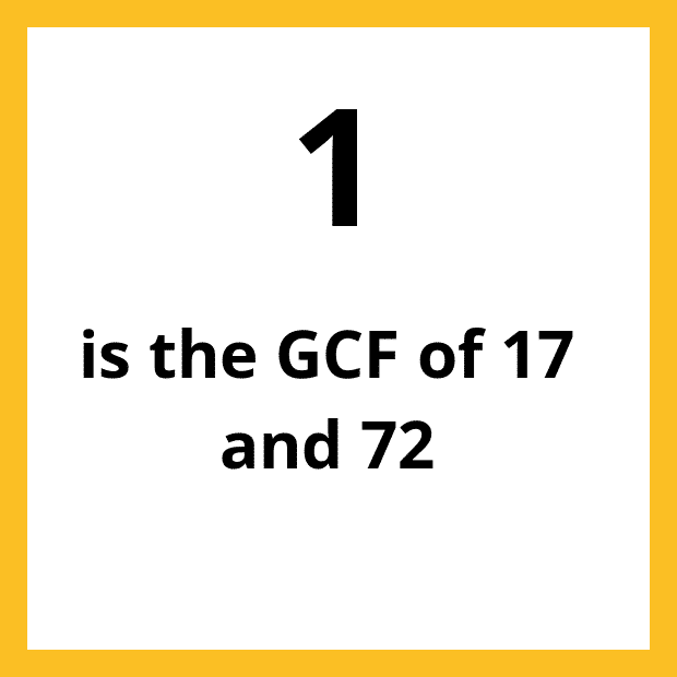 The Greatest Common Factor (GCF), Highest Common Factor (HCF) or Greatest Common Divisor (GCD) of 17 and 72 is 1.
