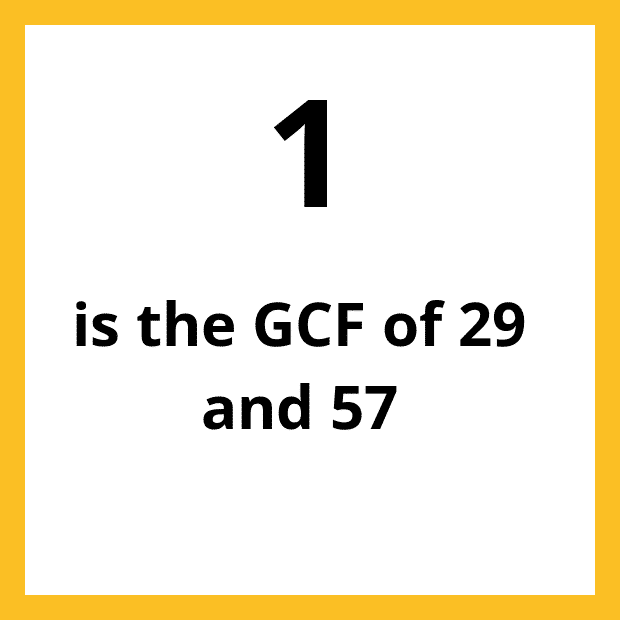 The Greatest Common Factor (GCF), Highest Common Factor (HCF) or Greatest Common Divisor (GCD) of 29 and 57 is 1.