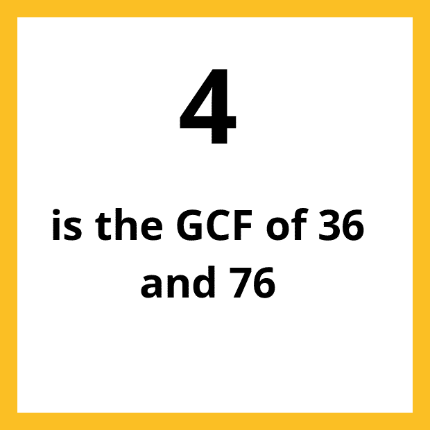 The Greatest Common Factor (GCF), Highest Common Factor (HCF) or Greatest Common Divisor (GCD) of 36 and 76 is 4.