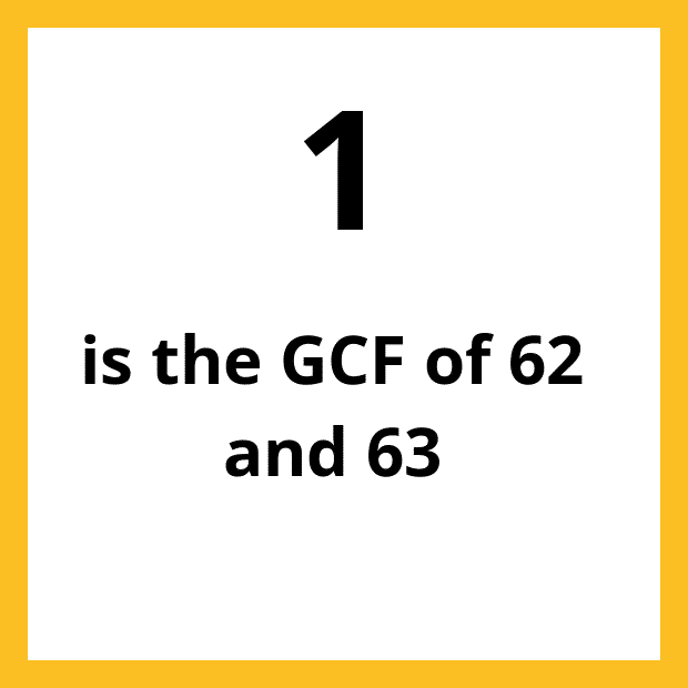 The Greatest Common Factor (GCF), Highest Common Factor (HCF) or Greatest Common Divisor (GCD) of 62 and 63 is 1.