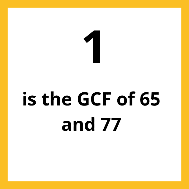 The Greatest Common Factor (GCF), Highest Common Factor (HCF) or Greatest Common Divisor (GCD) of 65 and 77 is 1.